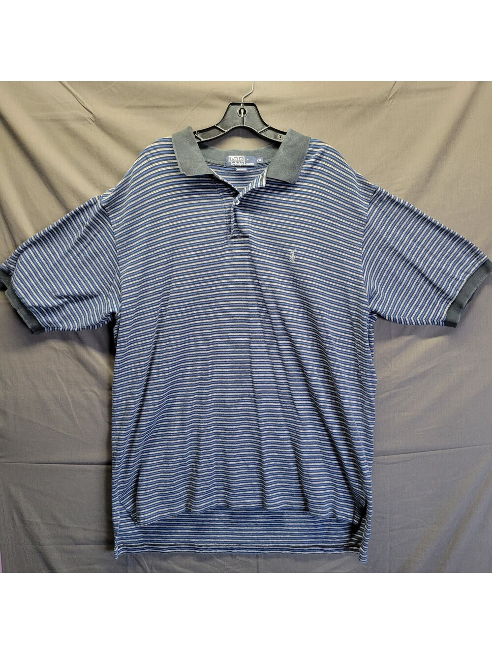 Vintage Ralph Lauren Polo Mens 2XL Gray & Blue Striped Short Sleeve 90ties